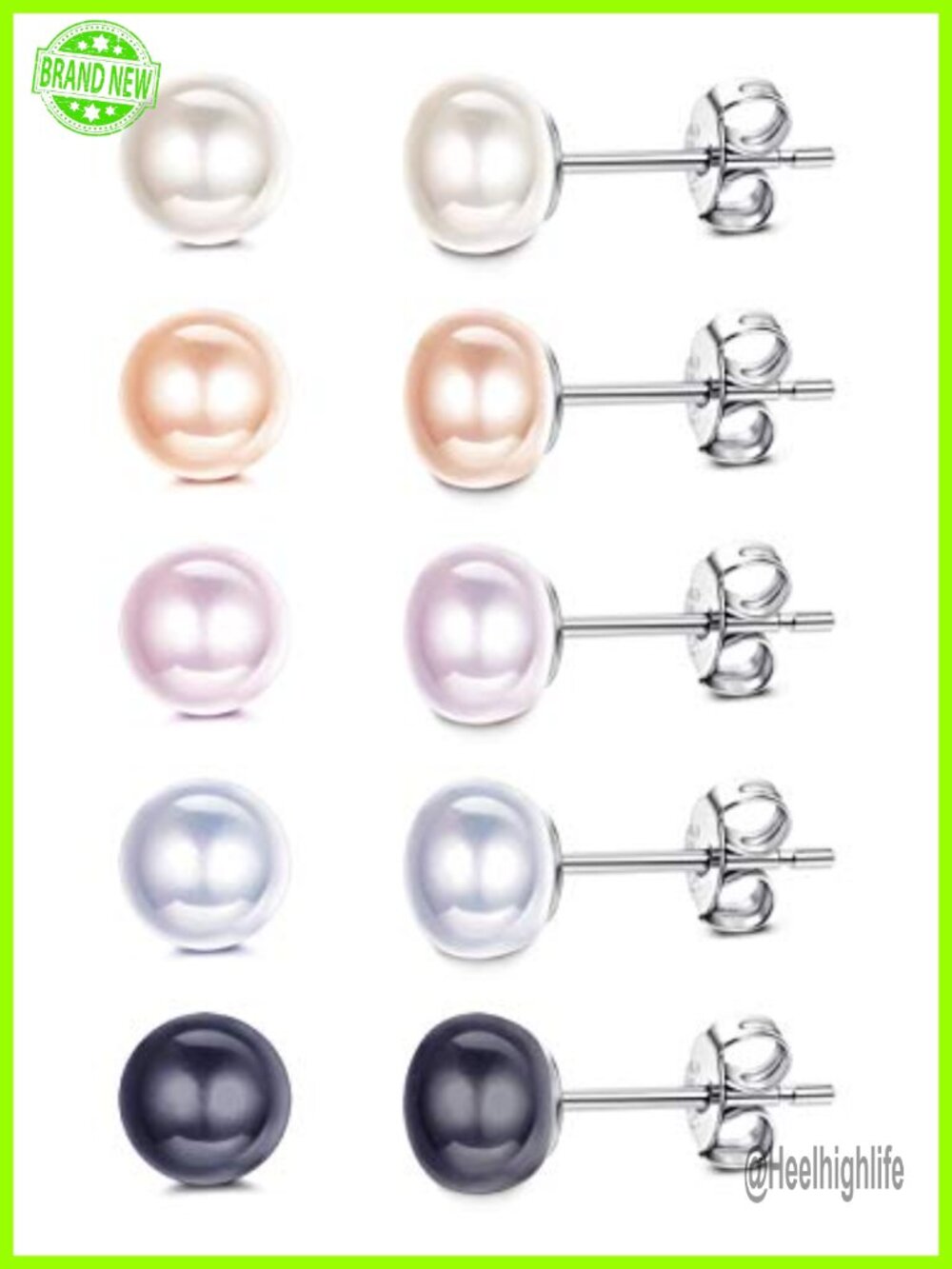 Pearl Stud Earrings 5 Pairs 18K White Gold Plated Sterling Silver